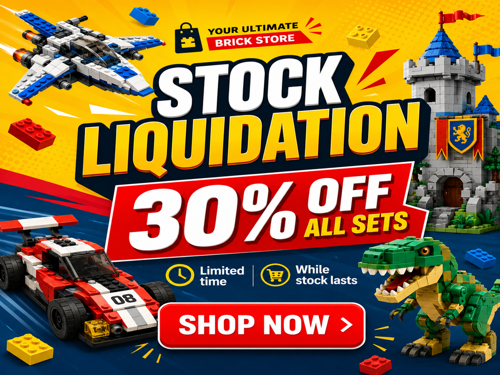 Stock liquidation promo — 30% off all LEGO sets, jet, castle, race car and T-Rex builds